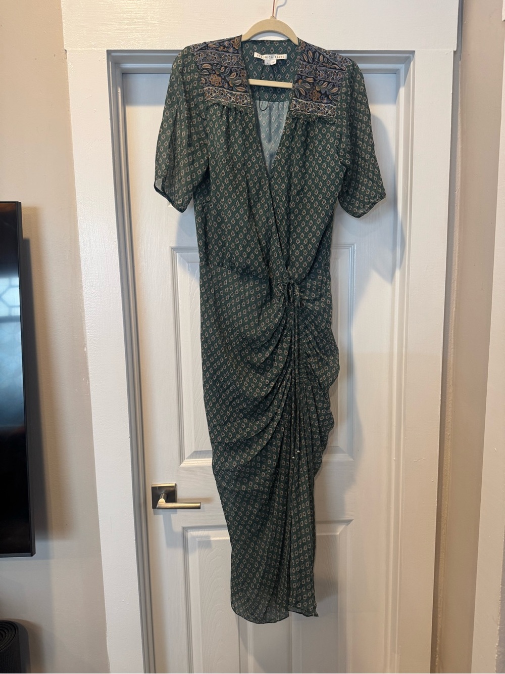 Veronica Beard Green Printed Wrap-Style Midi Dress